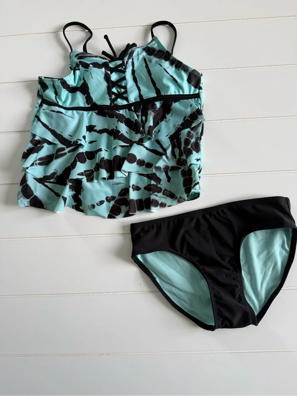 Justice Aquamarine and Black Ruffle Tankini Set